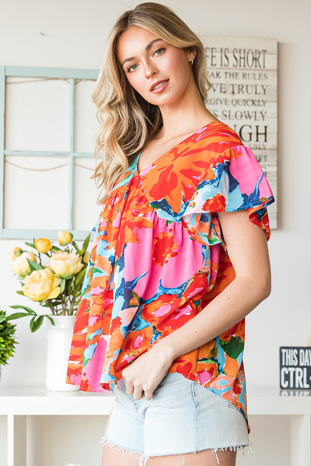 Pink Abstract Print V Neck Flutter Sleeve Blouse