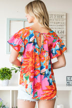 Pink Abstract Print V Neck Flutter Sleeve Blouse