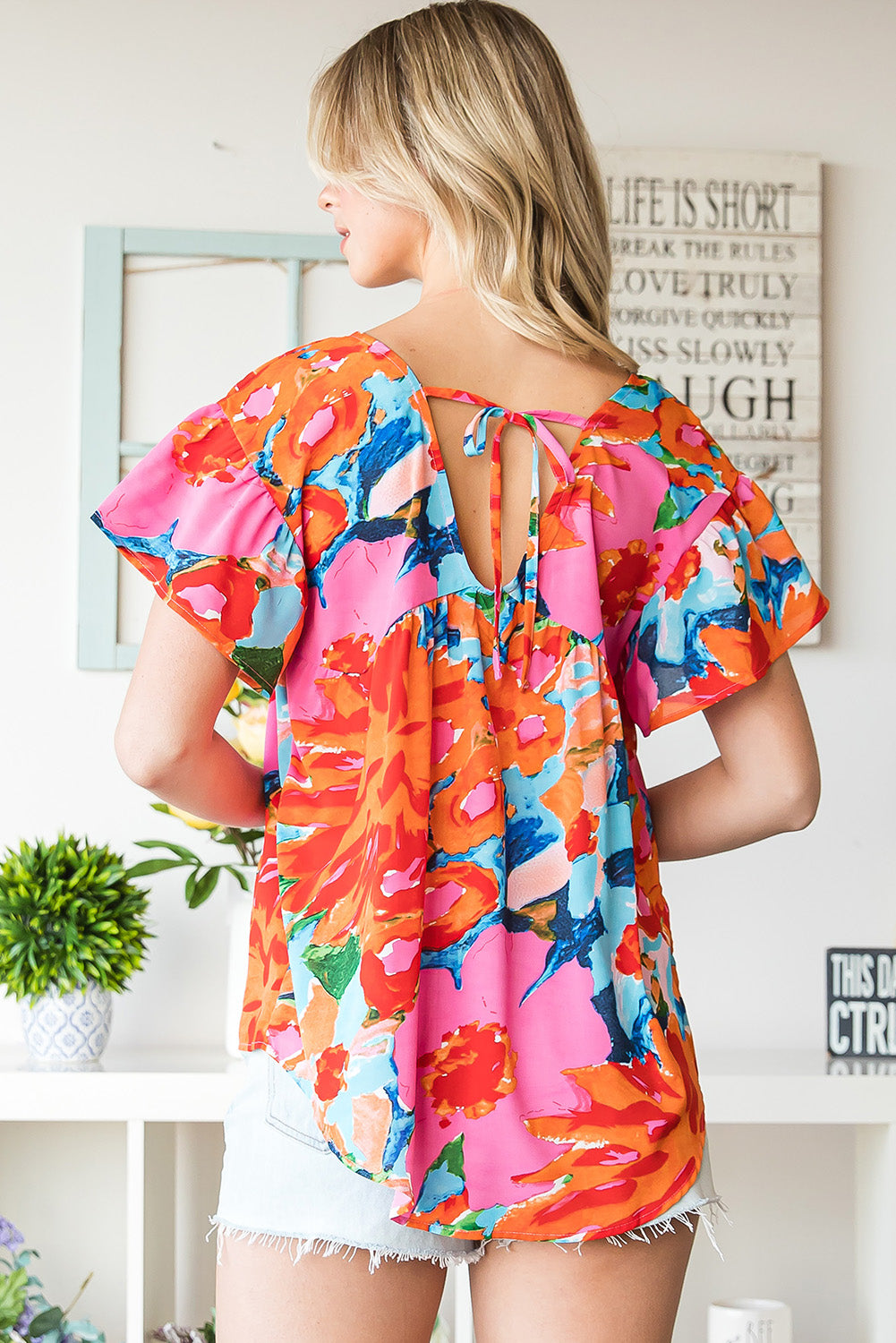 Pink Abstract Print V Neck Flutter Sleeve Blouse