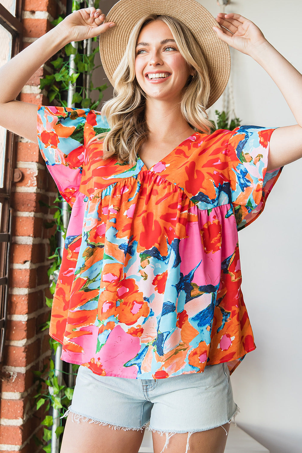 Pink Abstract Print V Neck Flutter Sleeve Blouse