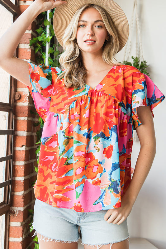Pink Abstract Print V Neck Flutter Sleeve Blouse