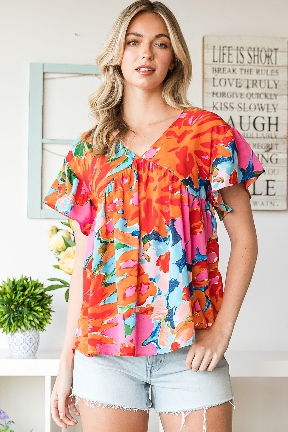 Pink Abstract Print V Neck Flutter Sleeve Blouse