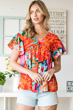 Pink Abstract Print V Neck Flutter Sleeve Blouse