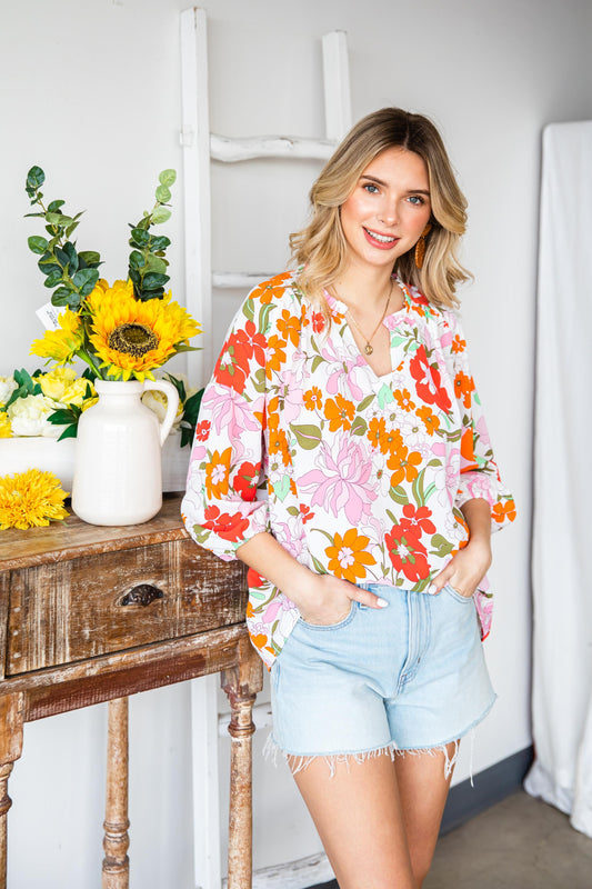 Blooming Flowers Frill Trim Puff Sleeve Blouse