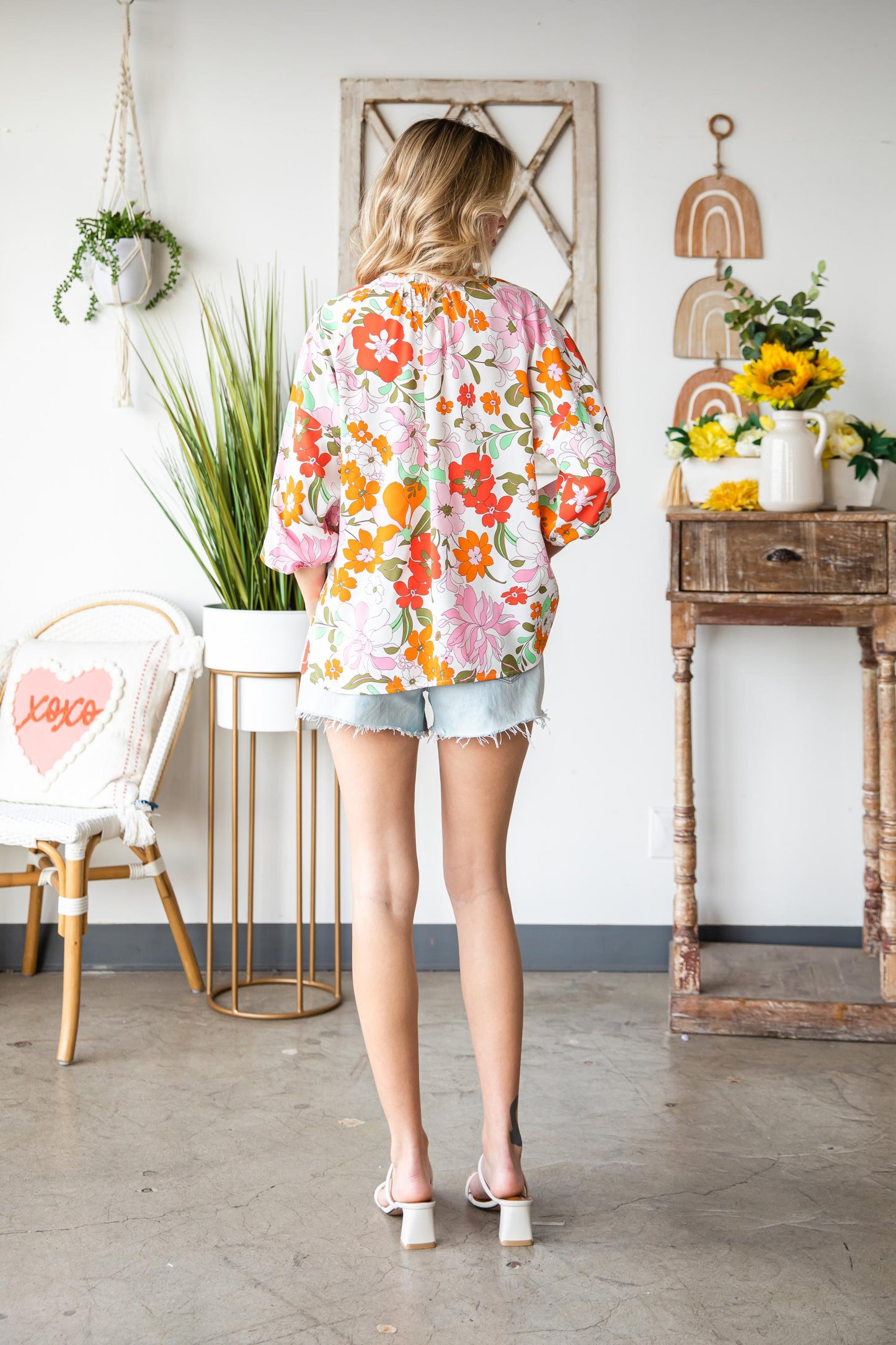 Blooming Flowers Frill Trim Puff Sleeve Blouse