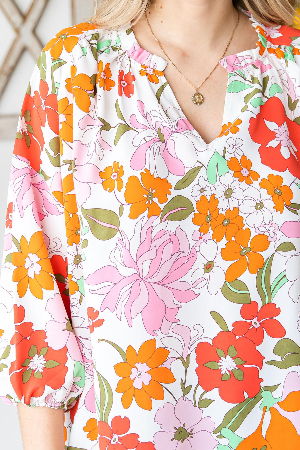 Blooming Flowers Frill Trim Puff Sleeve Blouse
