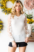 White Floral Applique Mesh Sleeves Textured Knit Blouse