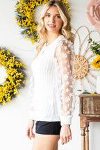 White Floral Applique Mesh Sleeves Textured Knit Blouse