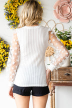 White Floral Applique Mesh Sleeves Textured Knit Blouse