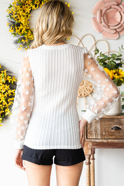 White Floral Applique Mesh Sleeves Textured Knit Blouse