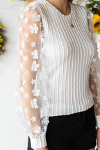 White Floral Applique Mesh Sleeves Textured Knit Blouse
