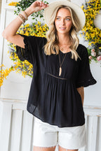 Black Ruffled Lace Detail Loose V Neck Top