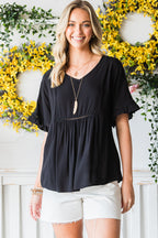 Black Ruffled Lace Detail Loose V Neck Top