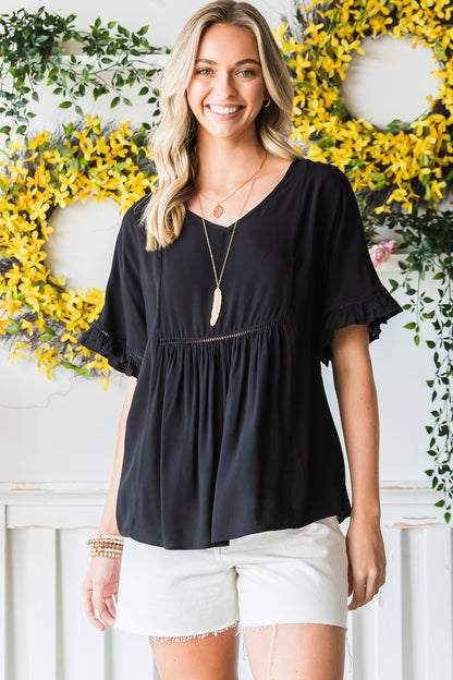 Black Ruffled Lace Detail Loose V Neck Top