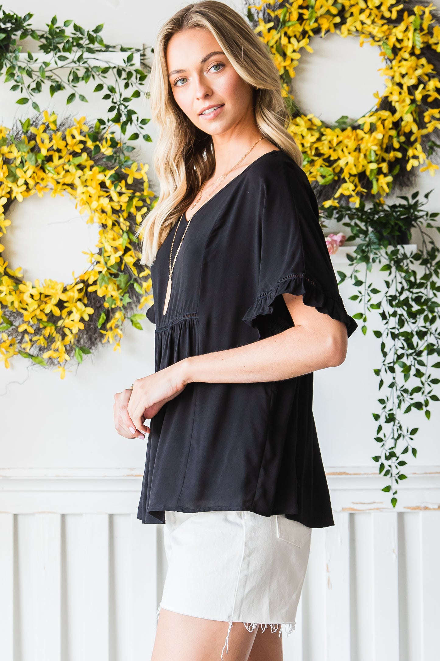 Black Ruffled Lace Detail Loose V Neck Top