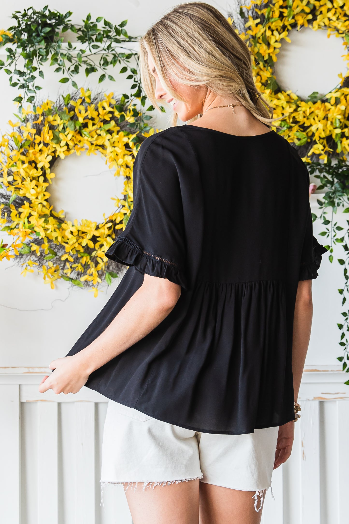 Black Ruffled Lace Detail Loose V Neck Top