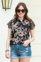 Dainty Floral Print Lace Sleeve Blouse
