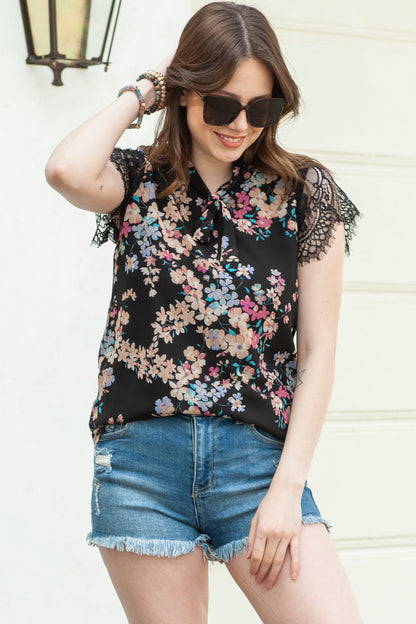 Dainty Floral Print Lace Sleeve Blouse