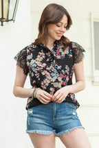 Dainty Floral Print Lace Sleeve Blouse