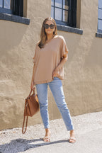 Khaki Ruffle Trim Short Sleeve Oversize Blouse