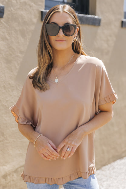 Khaki Ruffle Trim Short Sleeve Oversize Blouse