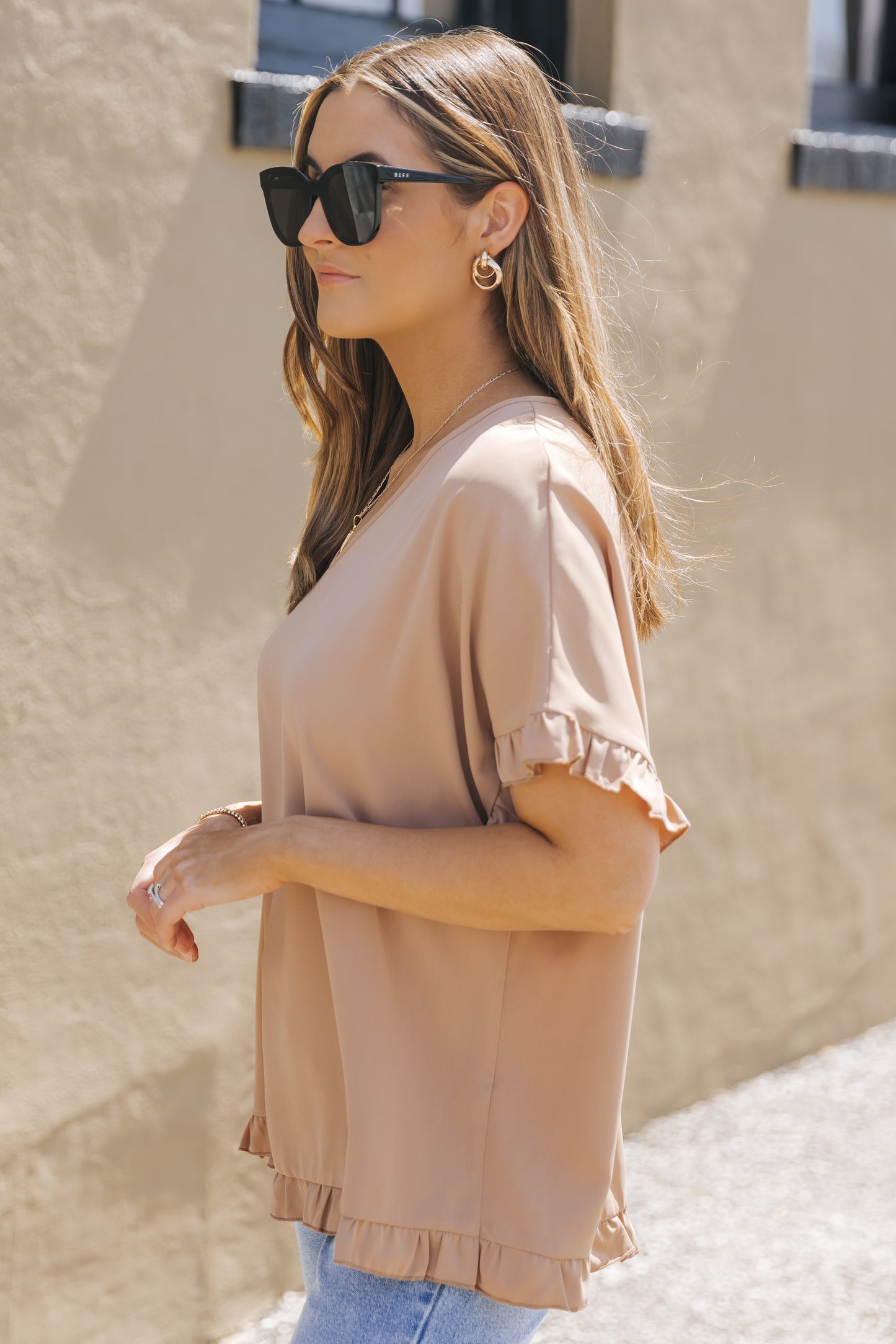 Khaki Ruffle Trim Short Sleeve Oversize Blouse