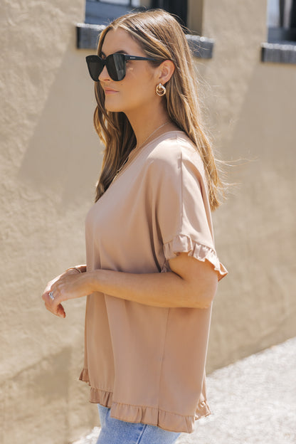 Khaki Ruffle Trim Short Sleeve Oversize Blouse