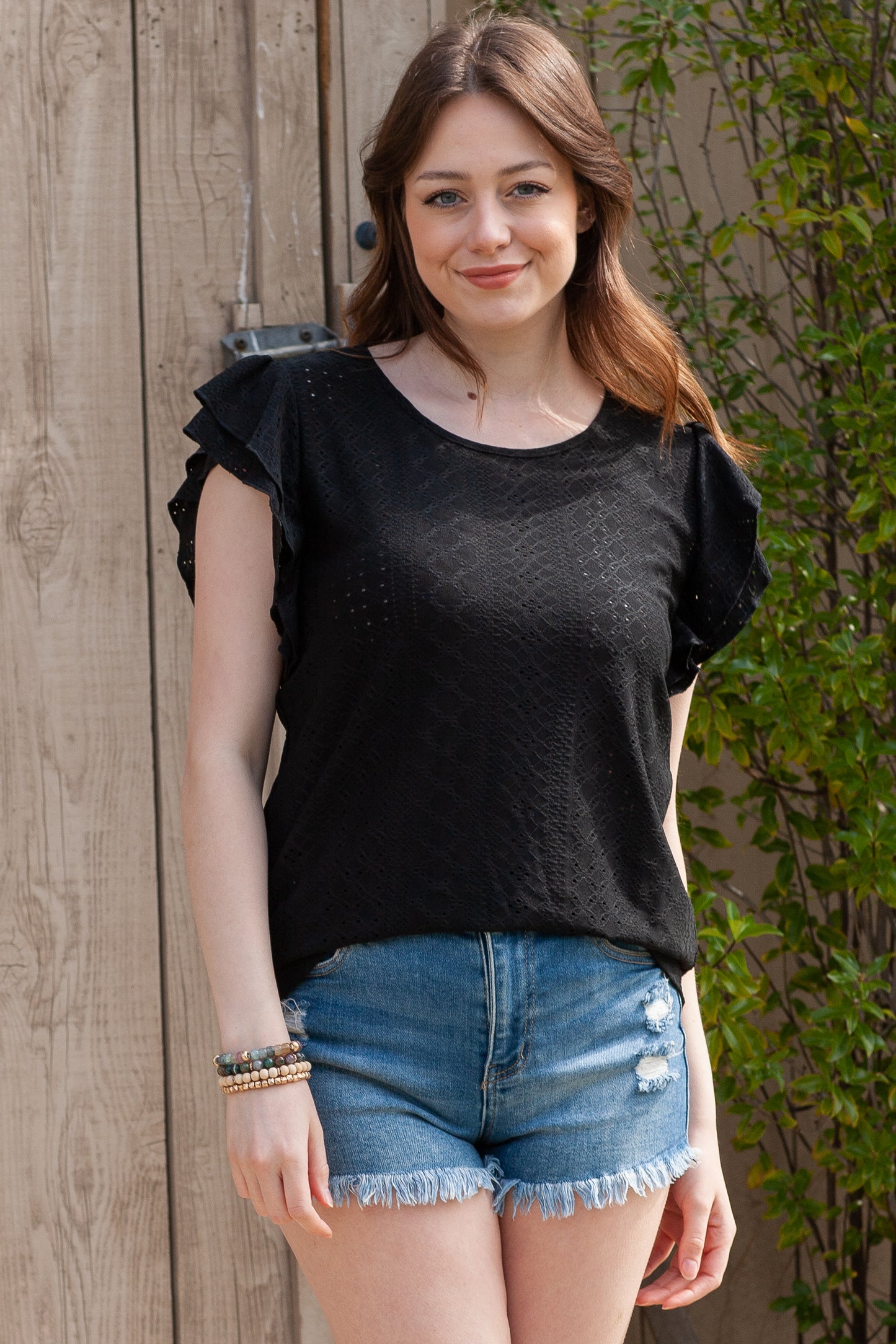 Rhombus Textured Ruffle Short Sleeve Blouse