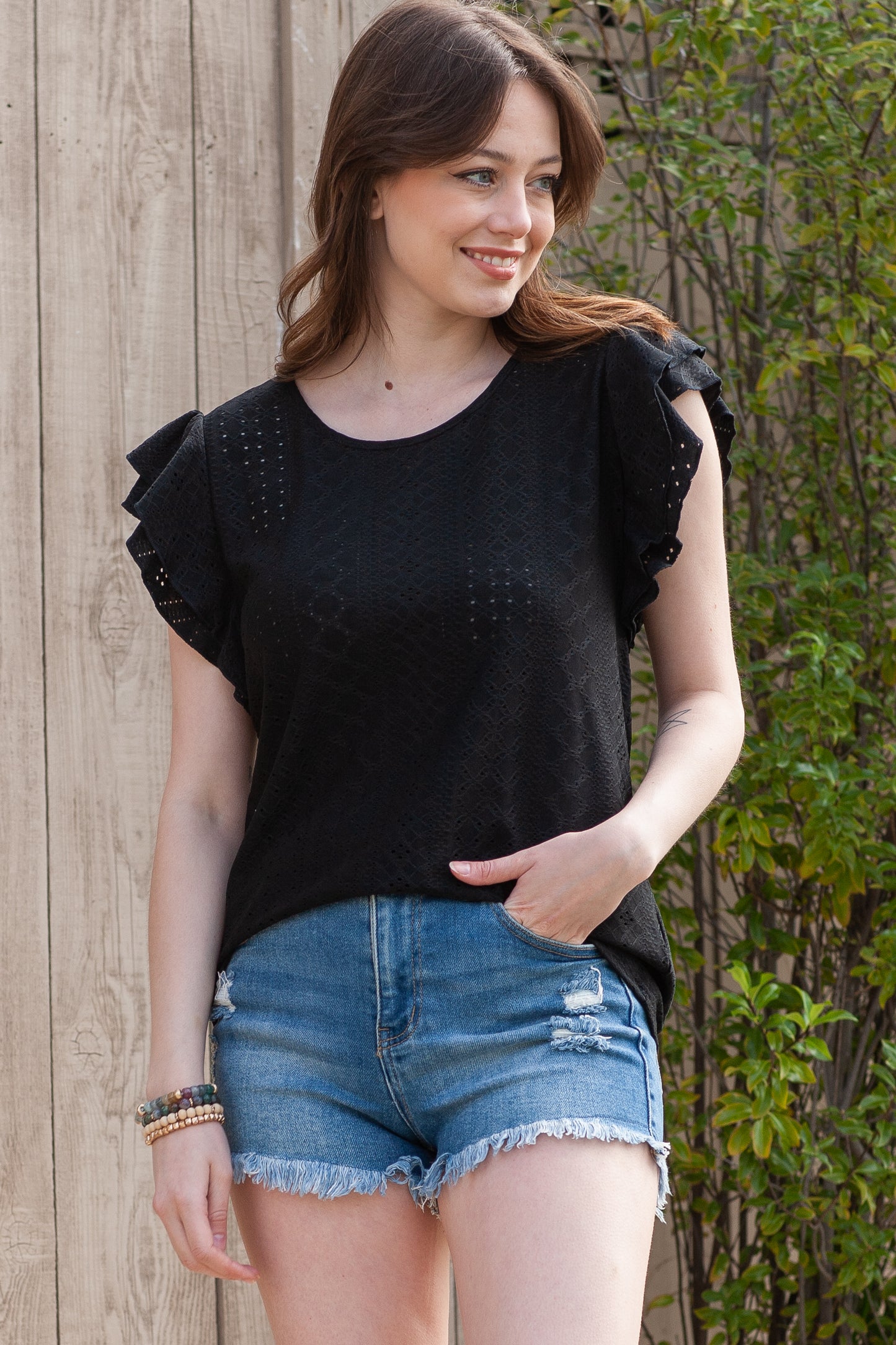 Rhombus Textured Ruffle Short Sleeve Blouse