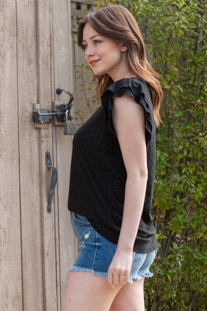 Rhombus Textured Ruffle Short Sleeve Blouse