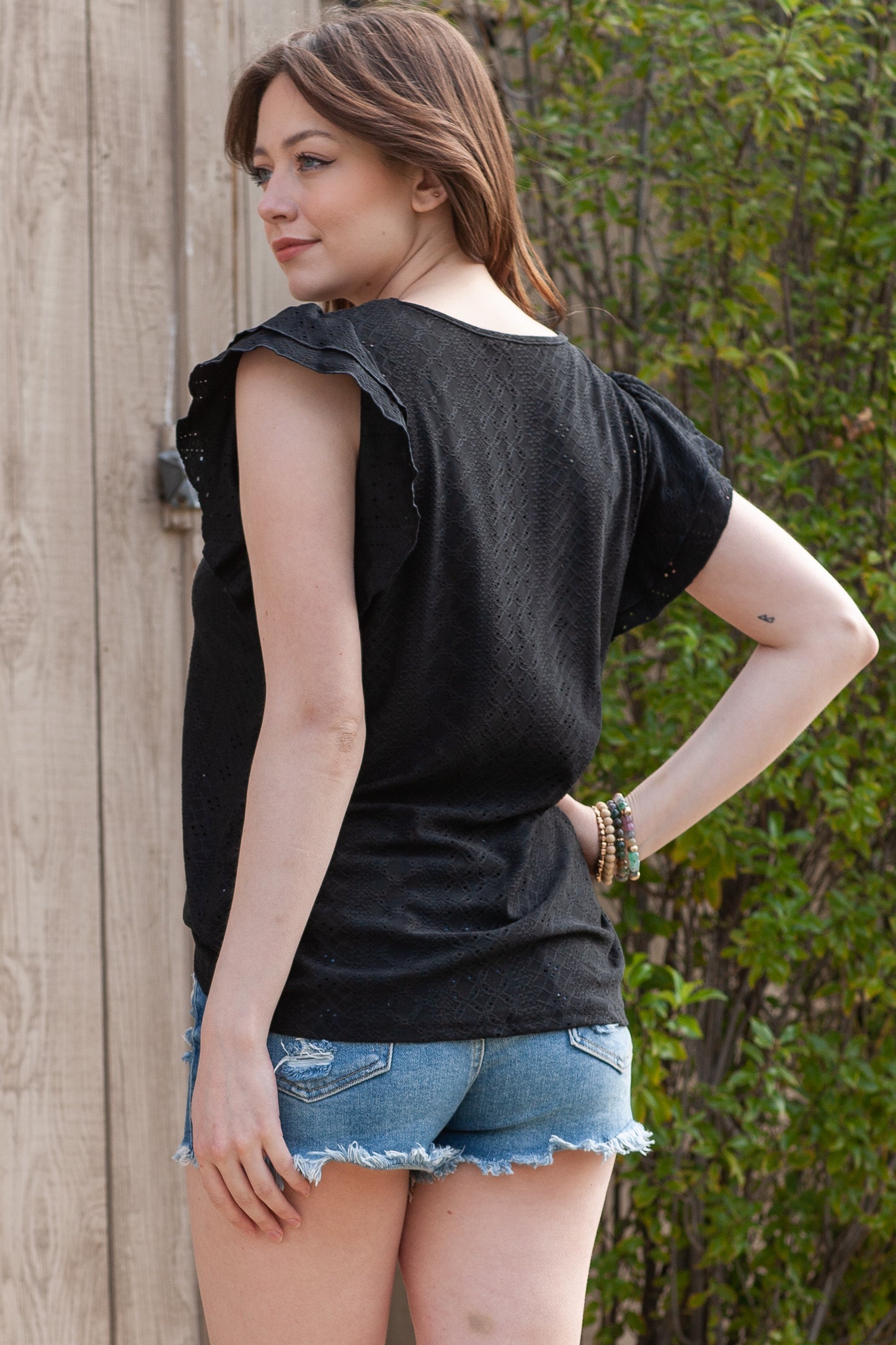 Rhombus Textured Ruffle Short Sleeve Blouse