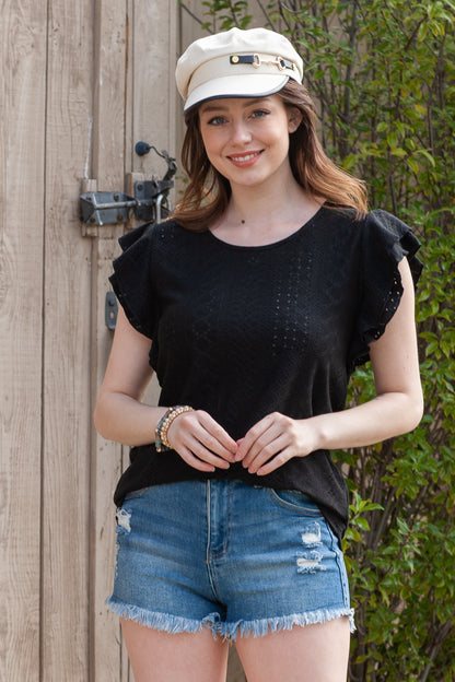 Rhombus Textured Ruffle Short Sleeve Blouse