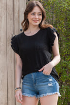 Rhombus Textured Ruffle Short Sleeve Blouse