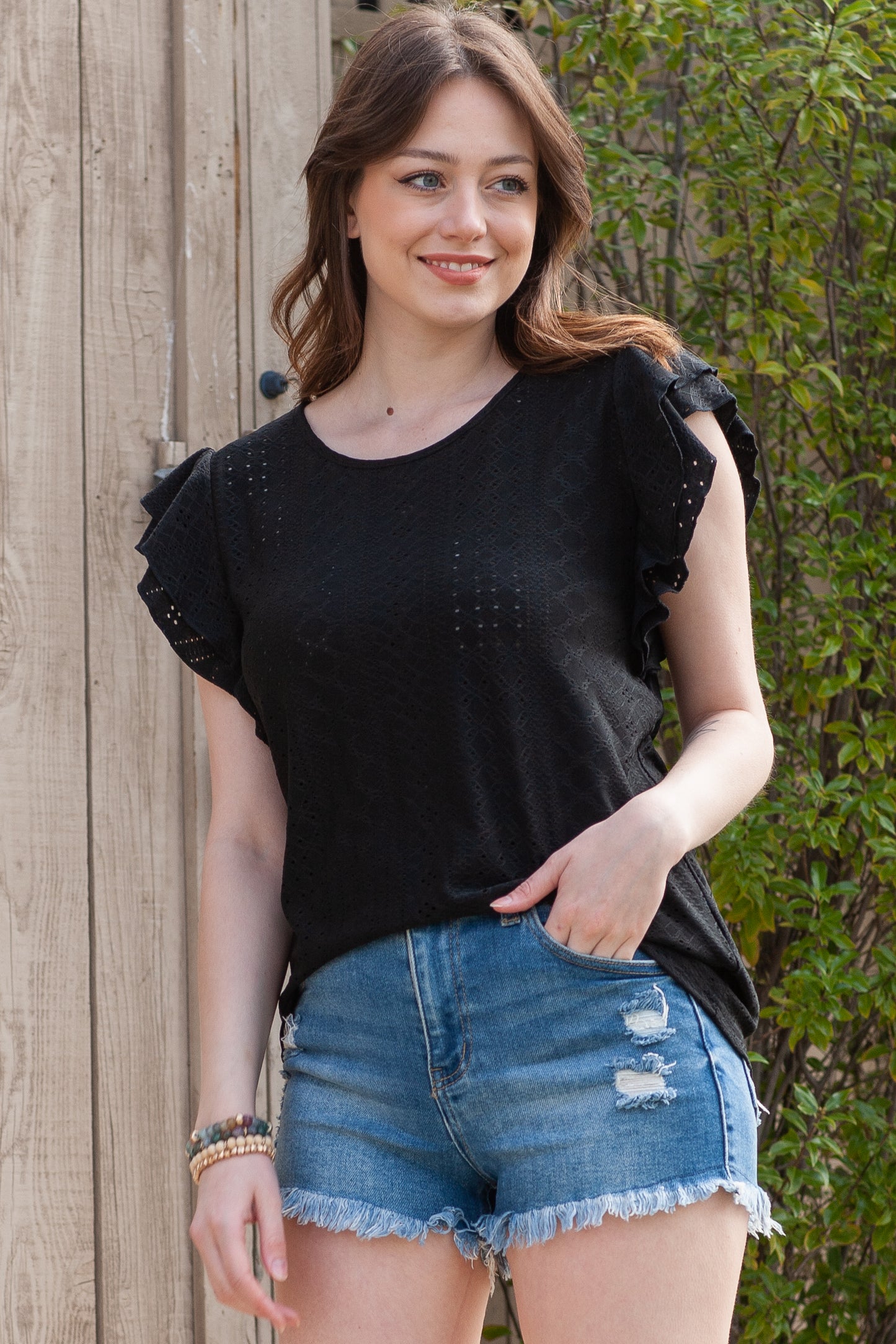 Rhombus Textured Ruffle Short Sleeve Blouse