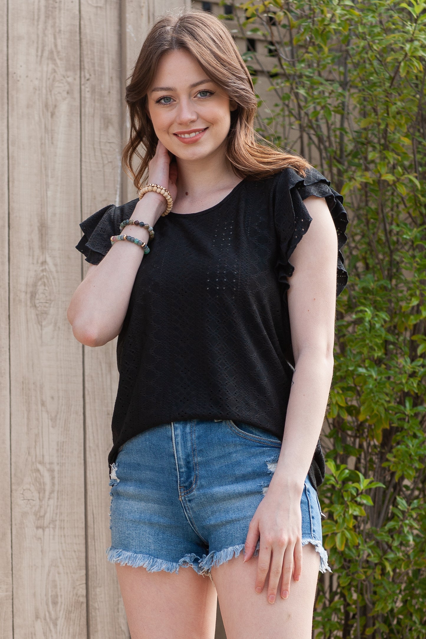 Rhombus Textured Ruffle Short Sleeve Blouse