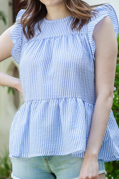 Striped Print Flutter Sleeve Gathered Top