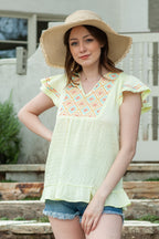 Geometric Embroidery Textured Top with Ruffles
