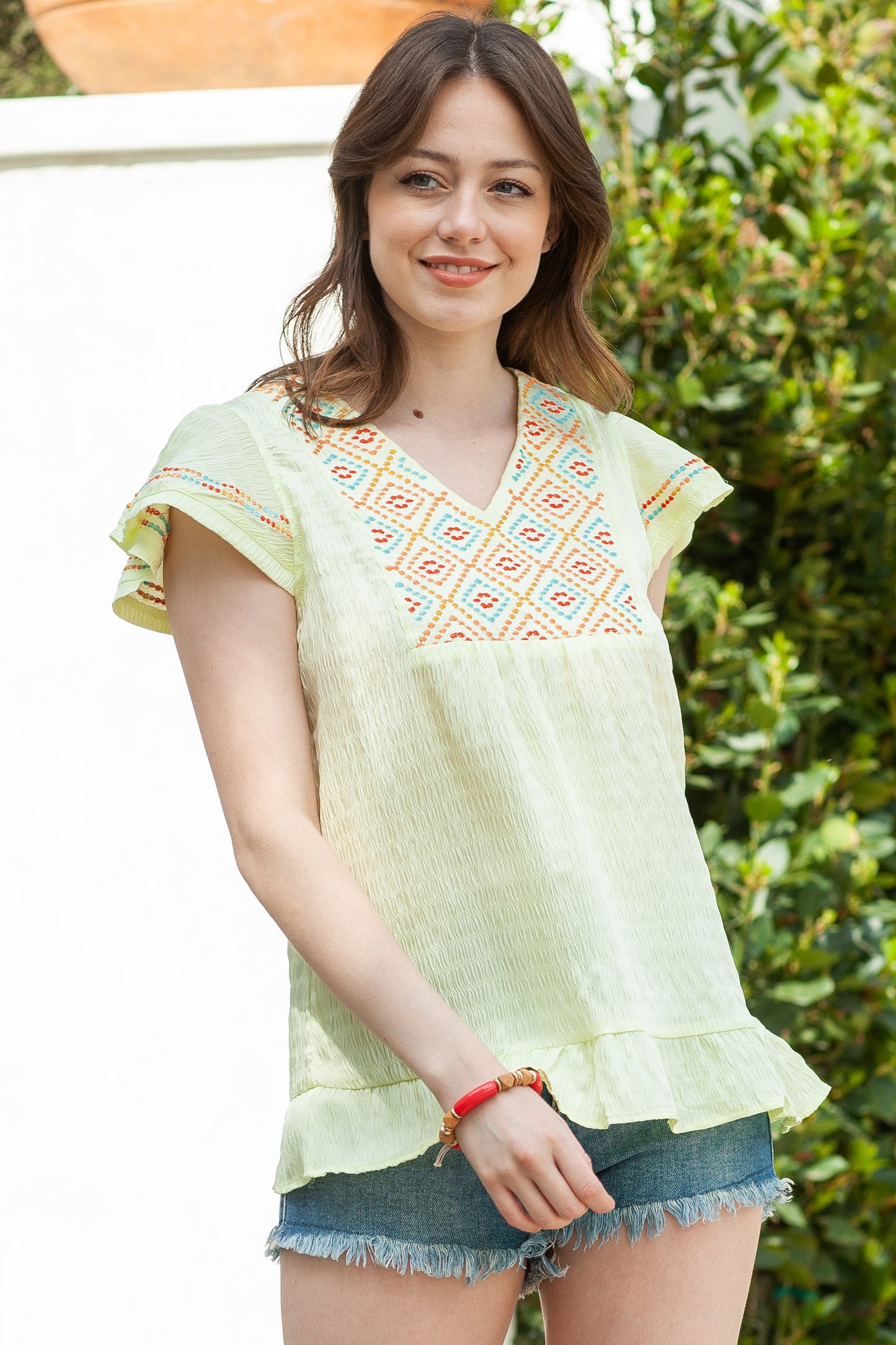 Geometric Embroidery Textured Top with Ruffles
