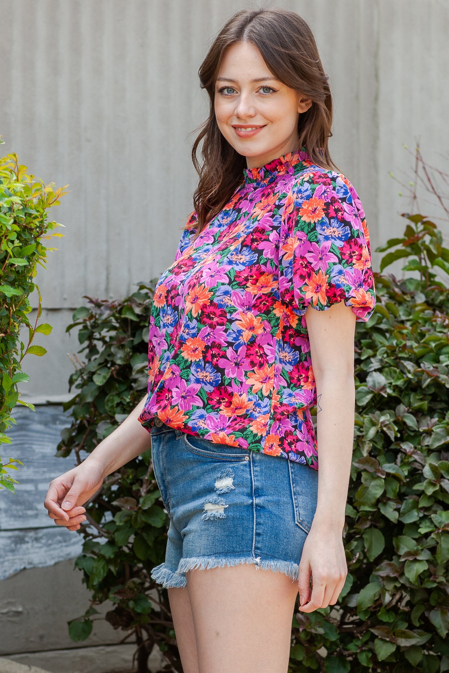 Multicolor Floral Print Round Neck Puff Sleeve Blouse