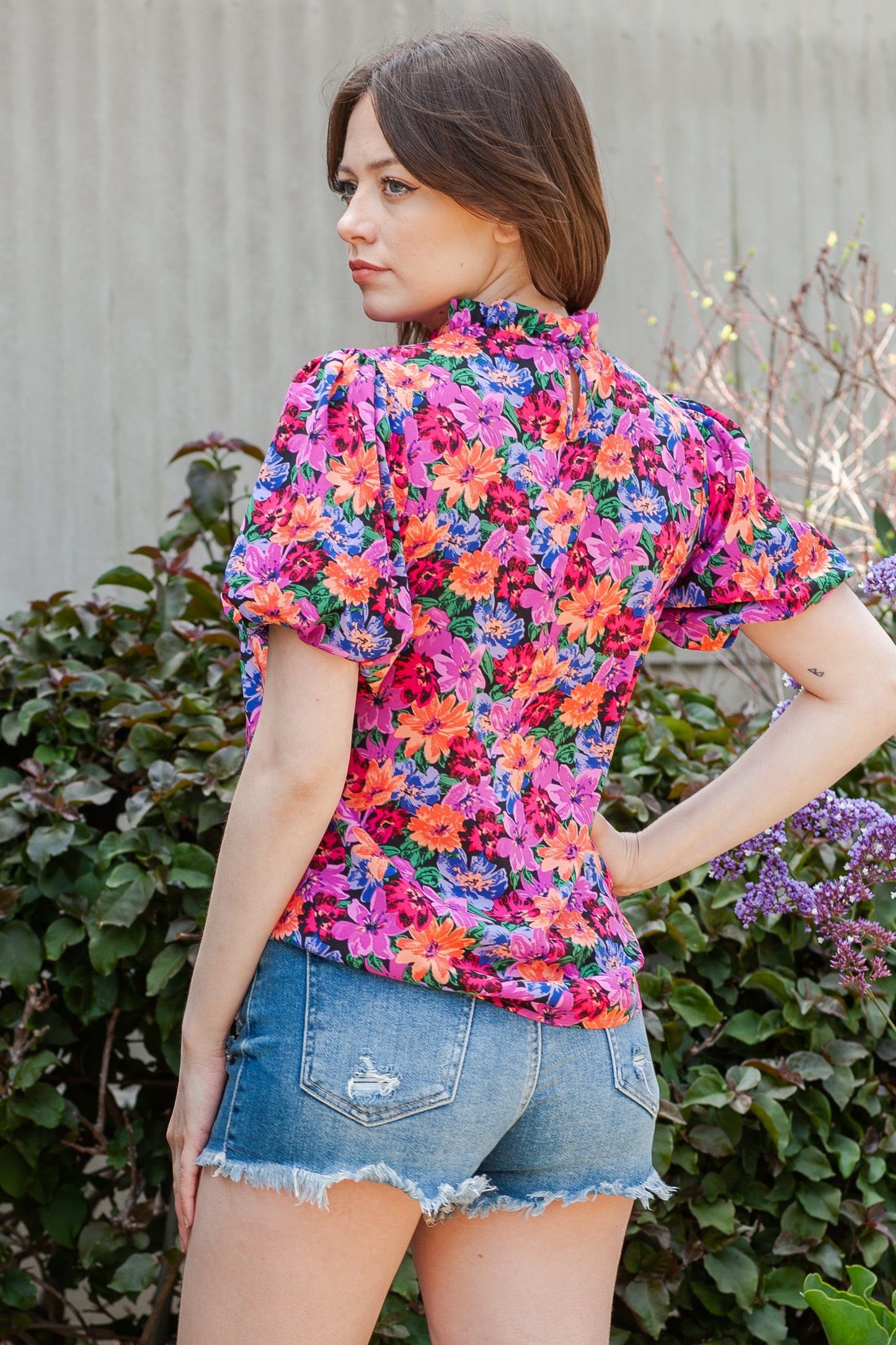 Multicolor Floral Print Round Neck Puff Sleeve Blouse