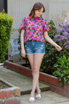 Multicolor Floral Print Round Neck Puff Sleeve Blouse