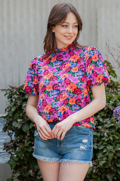 Multicolor Floral Print Round Neck Puff Sleeve Blouse