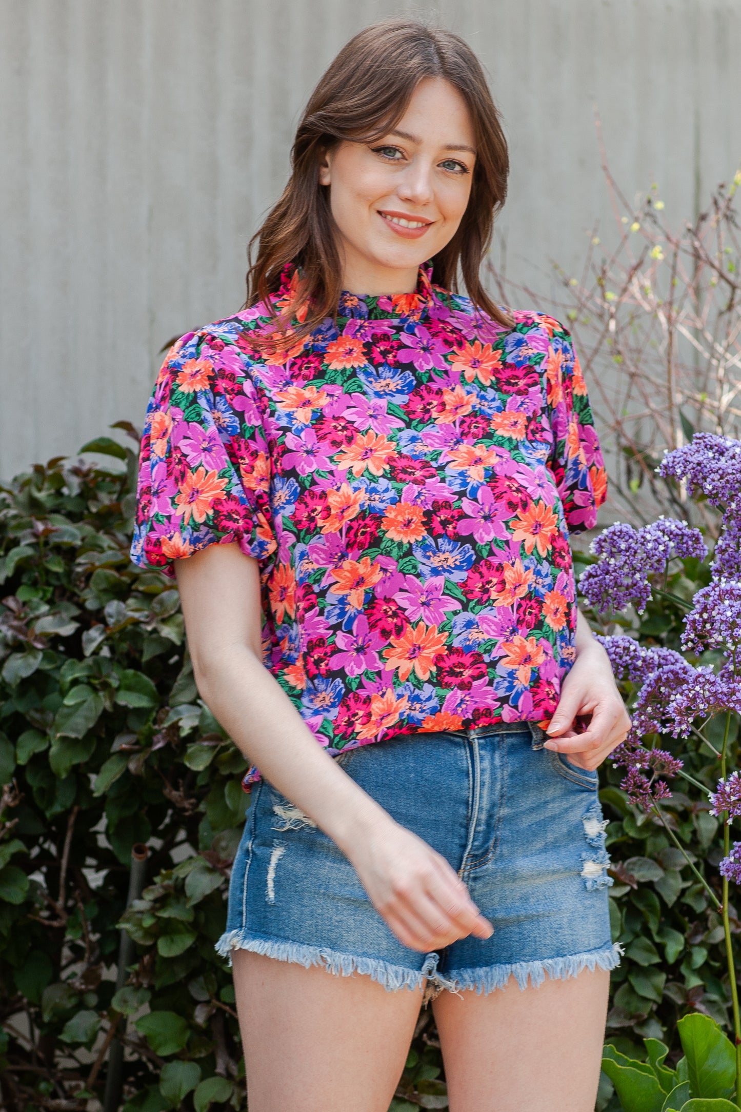 Multicolor Floral Print Round Neck Puff Sleeve Blouse
