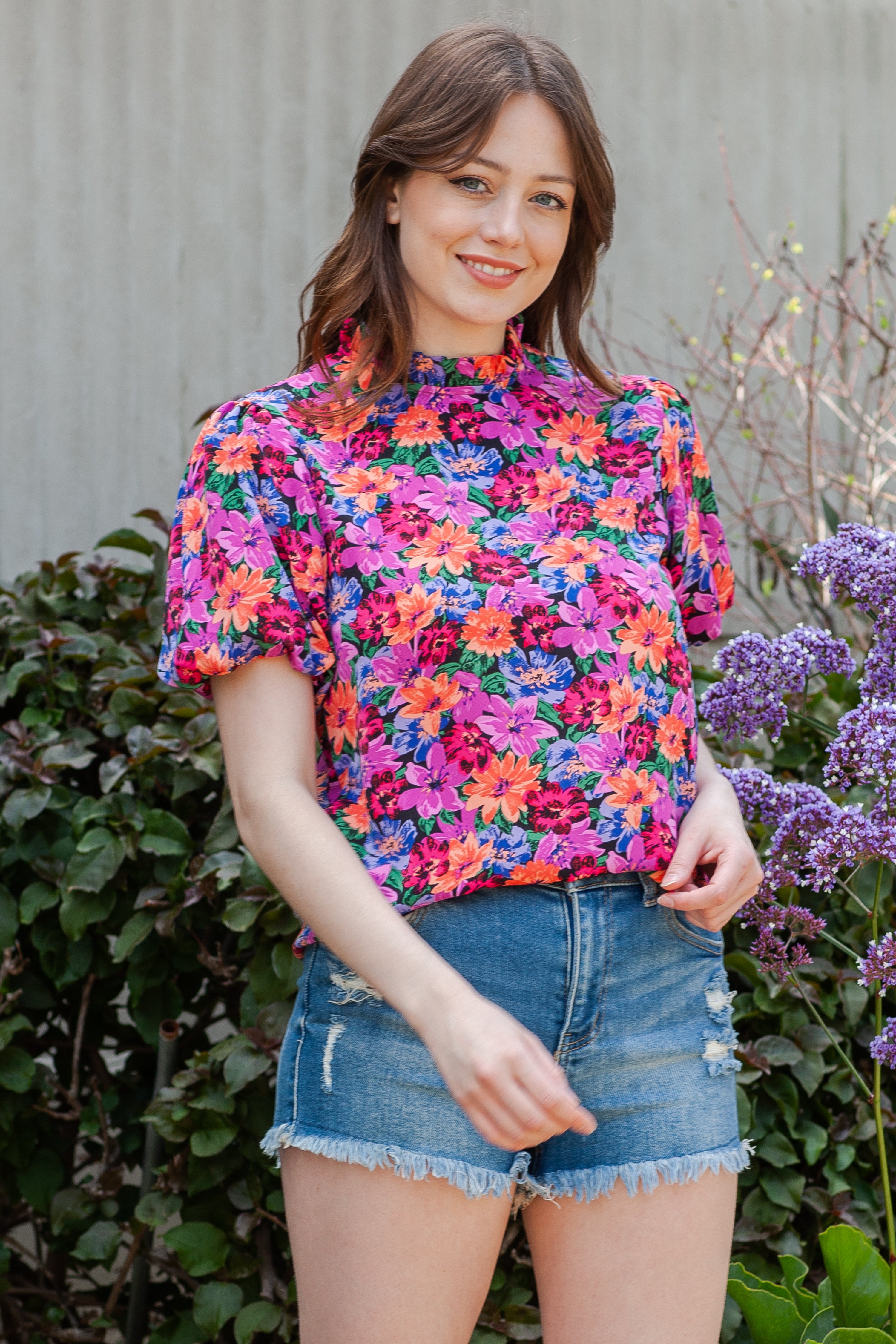 Multicolor Floral Print Round Neck Puff Sleeve Blouse