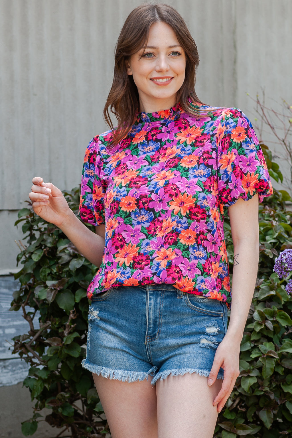 Multicolor Floral Print Round Neck Puff Sleeve Blouse