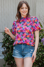 Multicolor Floral Print Round Neck Puff Sleeve Blouse
