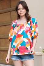 Multicolor Square Neck Abstract Print Short Sleeve Blouse