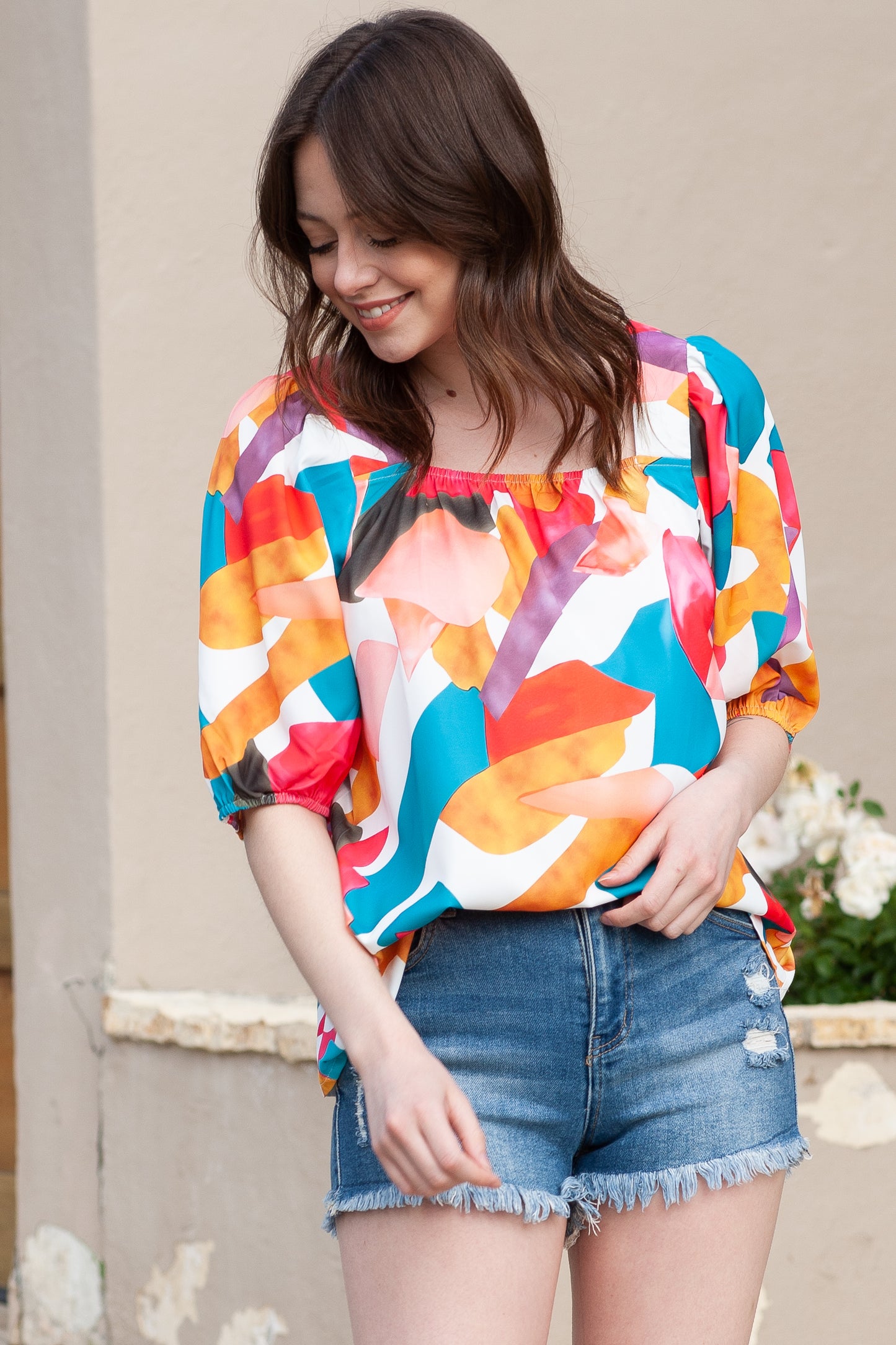 Multicolor Square Neck Abstract Print Short Sleeve Blouse