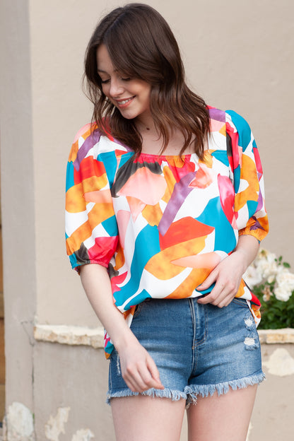 Multicolor Square Neck Abstract Print Short Sleeve Blouse