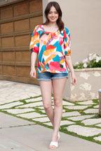 Multicolor Square Neck Abstract Print Short Sleeve Blouse